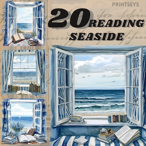 Könnte beinhalten: Ein Aquarellbild von drei Fenstern mit Blick auf das Meer. Die Fenster sind geöffnet und die Vorhänge sind zurückgezogen. Auf den Fensterbänken und in den Fenstern liegen Bücher. Der Text "20 Reading Seaside" steht oben auf dem Bild.