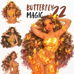 Gold Schmetterling Fantasy Mädchen Clipart Set, gemütliche fairycore Mode PNG Aufkleber, magische Motte Set Digital Download, feminine ästhetische Grafik