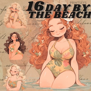 Adesivi digitali per ragazze in costume da bagno vintage, diario sulla spiaggia, lettura estiva calda png, adesivo stravagante, trasparente, scrapbooking