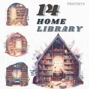 Watercolour Cozy Home Library clipart bundle, bookshelf, bookcase, aesthetic, png, clipart bundle, library, interiour