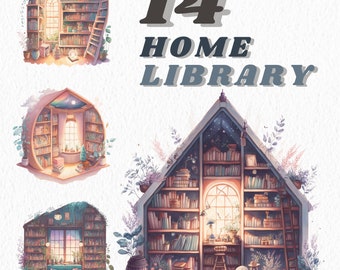 Watercolour Cozy Home Library clipart bundle, bookshelf, bookcase, aesthetic, png, clipart bundle, library, interiour
