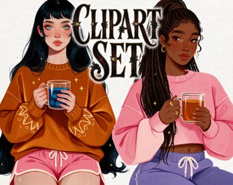 Cozy Fall Lounge Girl Clipart, Autumn Women PNG, Comfy Outfit Clipart, Pumpkin Spice Girls, Cozy Fashion Digital Stickers