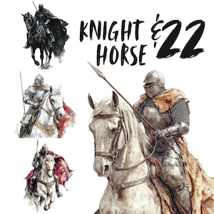 Zestaw clipartów średniowiecznych rycerzy na koniach, naklejki historyczne PNG, zestaw fantasy png do pobrania cyfrowego, bajkowa estetyczna grafika, marzycielski klimat