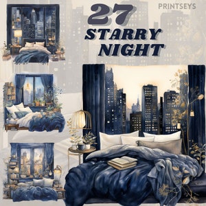 Acogedor paquete de imágenes prediseñadas de Starry City Nights, diario, vintage, estética, vela, flores, transparente, acogedor invierno, cama, noche, pegatina