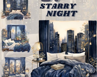 Cozy Starry City Nights clipart bundle,journaling , vintage, aesthetic, candle, flowers, transparent, cozy winter, bed, nighttime, sticker