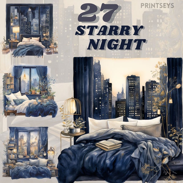 Cozy Starry City Nights clipart bundle,journaling , vintage, aesthetic, candle, flowers, transparent, cozy winter, bed, nighttime, sticker