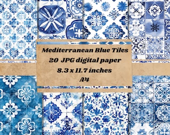 Mediterranean Blue Tiles Digital Paper, Greek travel vintage textured paper, scrapbooking  textures, blue mosaic  paper instant download