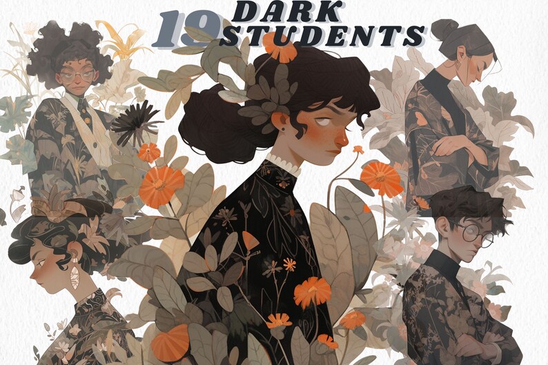 May include: Illustration featuring multiple figures surrounded by floral elements. The artwork has a muted color palette with accents of orange and green. The text "19 DARK STUDENTS" is at the top. The figures are dressed in dark clothing.