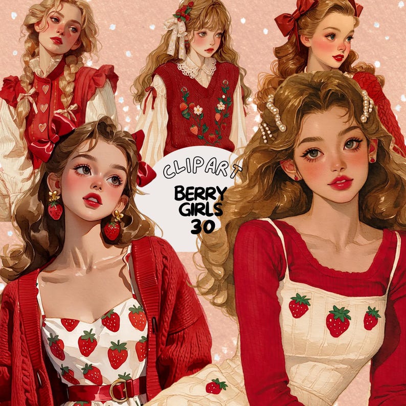 May include: Digital illustration featuring several young women with strawberry-themed attire. The image includes a variety of red and white dresses, sweaters, and accessories. The text "CLIPART BERRY GIRLS 30" is also visible.