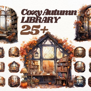 Pacchetto clipart libreria autunnale fantasia acquerello, biblioteca accogliente, clipart da favola, clipart accogliente, clipart autunnale, mistico, clipart di lettura