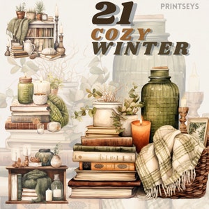 Cozy Winter Clipart Bundle, Bücher, Korb gewebt, Vintage, Scrapbooking, Wolldecke, Winter, Cottagecore, oliv und creme