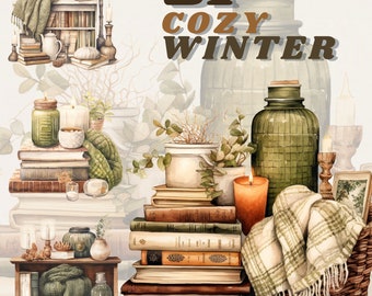 Cozy Winter clipart bundle,books, basket woven, vintage, scrapbooking, wool blanket, transparent, cozy winter, cottagecore, olive and cream