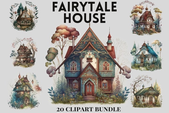 Watercolour Faiirytale house  Clipart Bundle, Cabin Png, House clipart, Hiking Clipart, Woods clipart, Scrapbooking. Fantasy, Magical