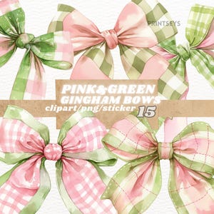 Può includere: Set di 15 illustrazioni ad acquerello di fiocchi gingham rosa e verdi. I fiocchi sono legati in una varietà di stili e sono perfetti per aggiungere un tocco di fantasia a qualsiasi progetto.