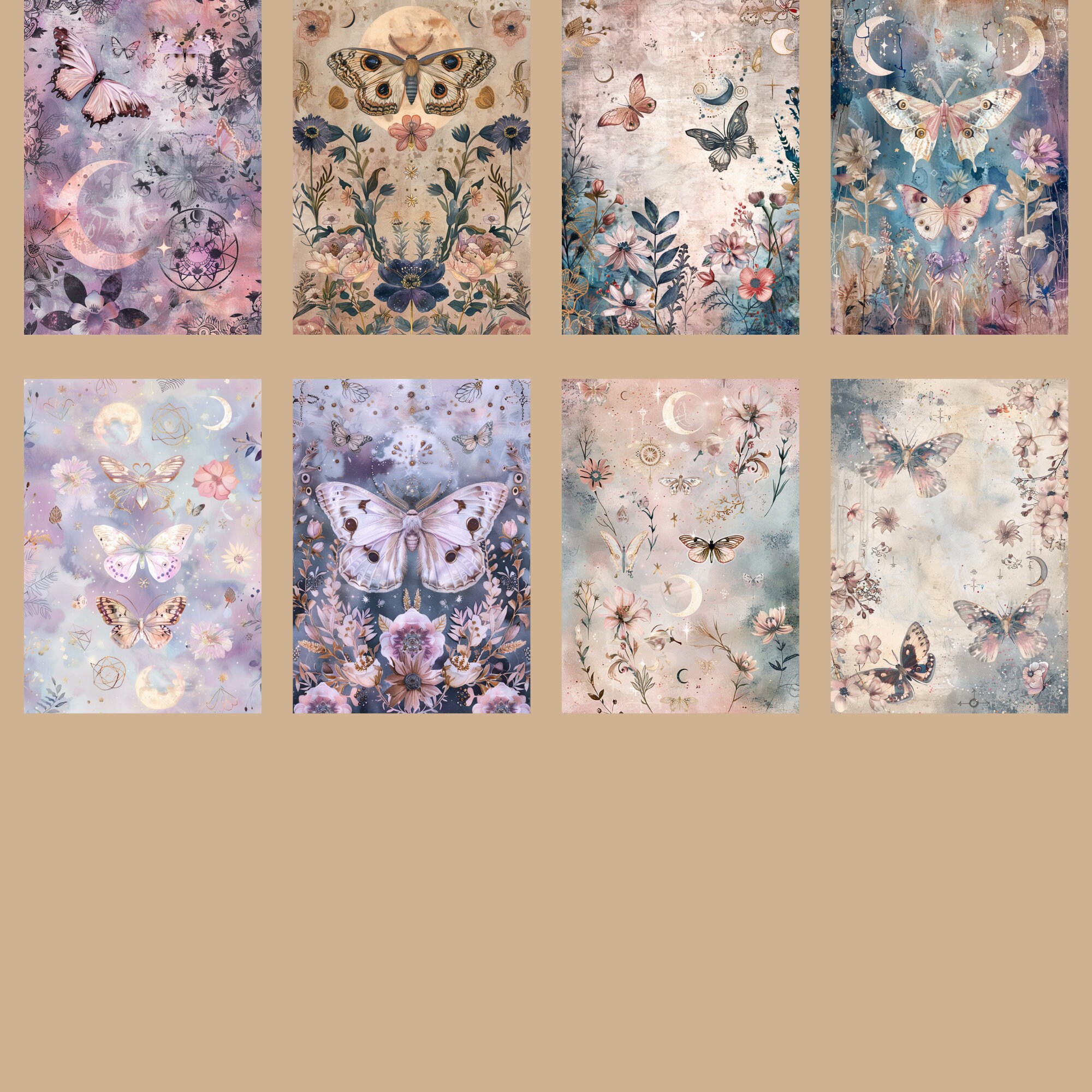 Distressed Moonstone Moth Dream Digital Paper, Vintage Mystical Texture ...