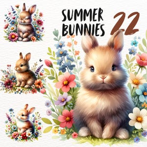 cute summer bunnies clipart set, cute floral rabbit stickers, kawaii png transparent, instant download, nursery art, kids pod graphic