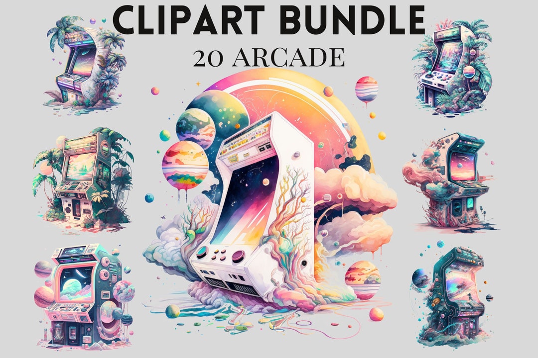 Watercolour Vintage Arcade Machine Clipart Bundle, Pastel Neon Colours ...
