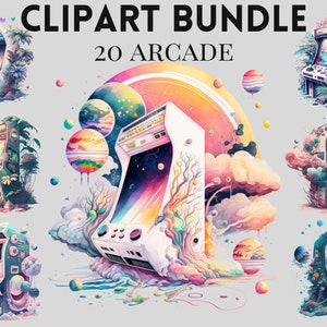 Puede incluir: Un paquete de clipart de arte digital de 20 gráficos de juegos de arcade. Los juegos de arcade se representan en un estilo retro con una estética colorida, de ensueño y caprichosa. Los gráficos presentan una variedad de colores, incluidos el rosa, el azul, el verde, el amarillo y el morado. Los juegos de arcade están rodeados de nubes, estrellas y planetas.