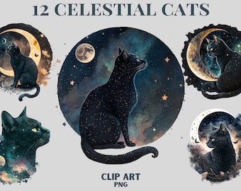 Celestial Black Cat Clipart, cat png, magic clip art, mystical clipart, witchcraft png clipart, pagan clipart png, pagan png, black cat
