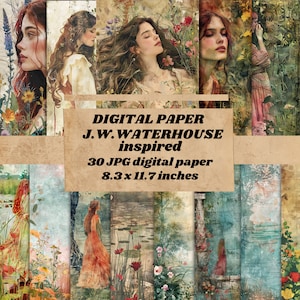 Papel digital romántico victoriano vintage, papel de fondo vintage de acuarela, texturas de álbum de recortes, descarga instantánea de papel estilo Waterhouse