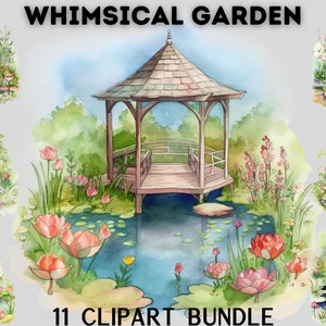 Pacote de clipart Whimsical Watercolor Summer Garden, jardim primavera, lagoa, flores, estufa, jardim de verão
