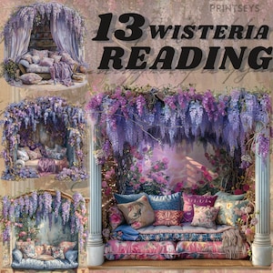 May include: A purple wisteria floral canopy over a floral patterned couch with cushions. The couch is in a garden setting with green plants and flowers. The text "13 Wisteria Reading" is at the top of the image.