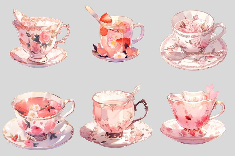 Op de afbeelding: Zes decoratieve theekopjes en schotels in een zachtroze kleurenschema. De theekopjes zijn versierd met bloemmotieven en gevuld met roze vloeistof, sommige met fruit en bloemen. Elke kop heeft een bijpassende schotel en een lepel.