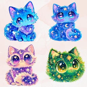 Puede incluir: Cuatro ilustraciones caprichosas de gatos estilizados. Cada gato presenta ojos grandes y expresivos con pupilas en forma de coraz&oacute;n. Los gatos est&aacute;n representados en tonos de azul, morado y verde, adornados con estrellas, lunas y patrones celestiales.