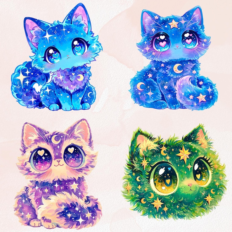Puede incluir: Cuatro ilustraciones caprichosas de gatos estilizados. Cada gato presenta ojos grandes y expresivos con pupilas en forma de coraz&oacute;n. Los gatos est&aacute;n representados en tonos de azul, morado y verde, adornados con estrellas, lunas y patrones celestiales.