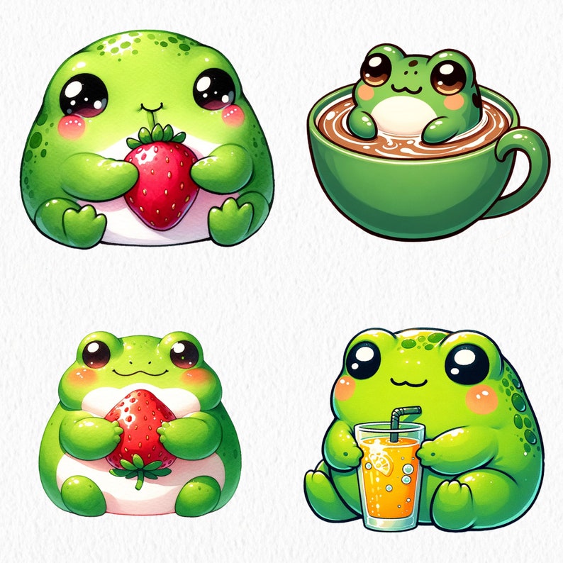 May include: Four cartoon frogs in different poses. One frog is holding a strawberry, another is holding a glass of orange juice, another is sitting in a cup of coffee, and the last frog is sitting on the ground.