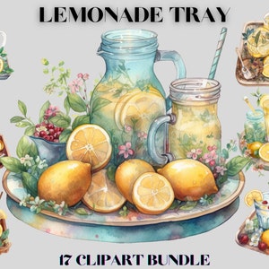 Pacchetto clipart vassoio limonata acquerello, clipart vibrazioni estive, soda al limone, clipart di agrumi, clipart cocktail, clipart fresca