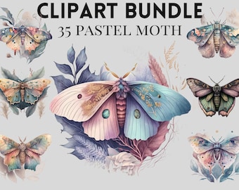 Watercolour Mystical Pastel Moth clipart bundle, Wiccan png, moth png, mystical clipart, witchcraft png clipart, pagan clipart, butterfly