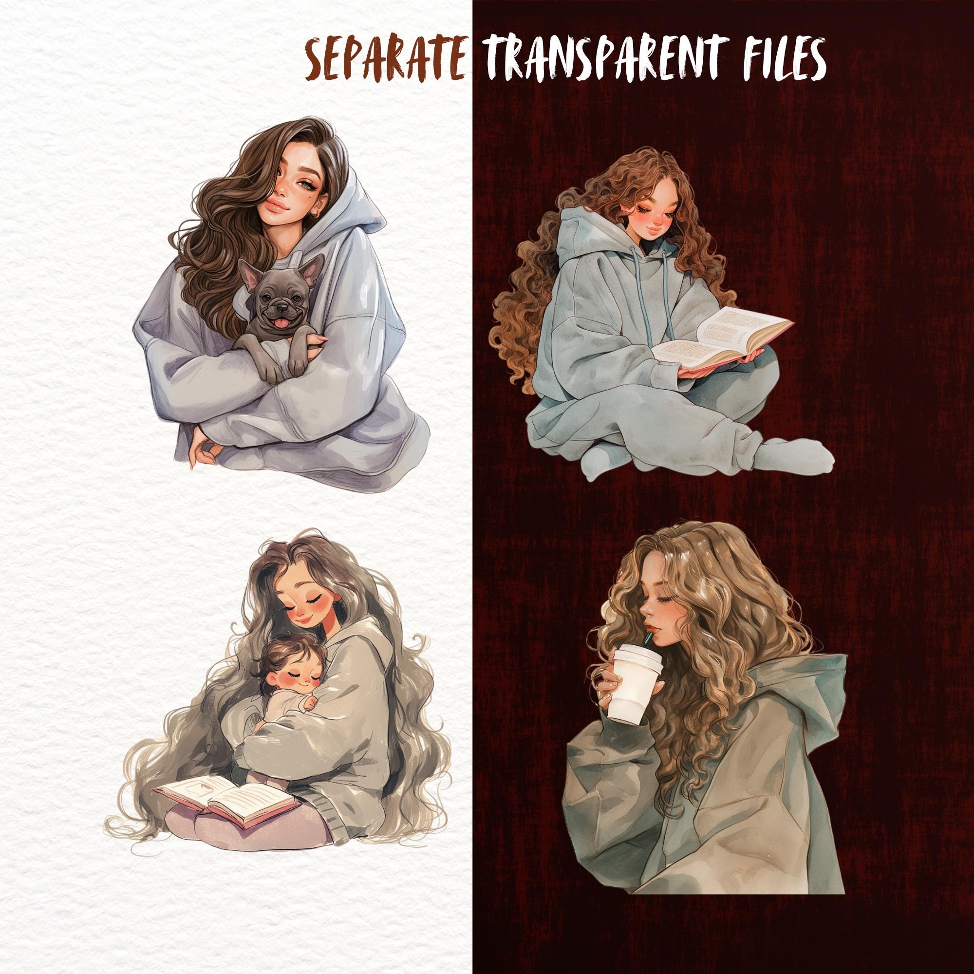 Cozy Gray Relaxed Reading Girls Clipart Set, Cozy Book Lover PNG