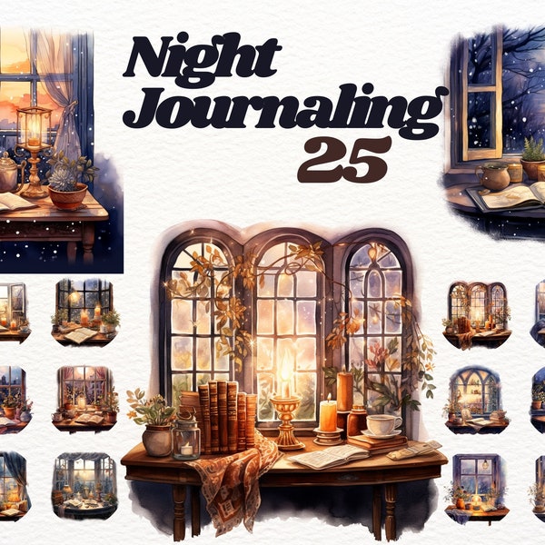 Watercolour fantasy cozy journaling by the window clipart, journal clipart, book clipart, night, window clipart, cozy night clipart