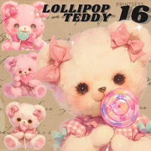 Cute pink teddy bear and lollipop  digital sticker, vintage sweets clipart bundle, transparent,instant download, kawaii pink bear clipart,