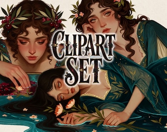 Ophelia Clipart Bundle, Pre Raphaelite Woman PNG, Dark Fantasy Floral Clipart, Water Nymph Art, Romantic Gothic Woman, Dreamy Vintage PNG