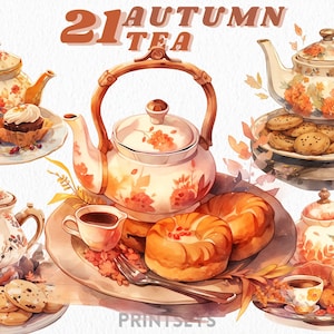 Pacote de clipart da hora do chá de outono, bandeja de café da manhã, clipart de lanches e bolos, scrapbooking, clipart de comida, outono transparente e aconchegante, cottagecore