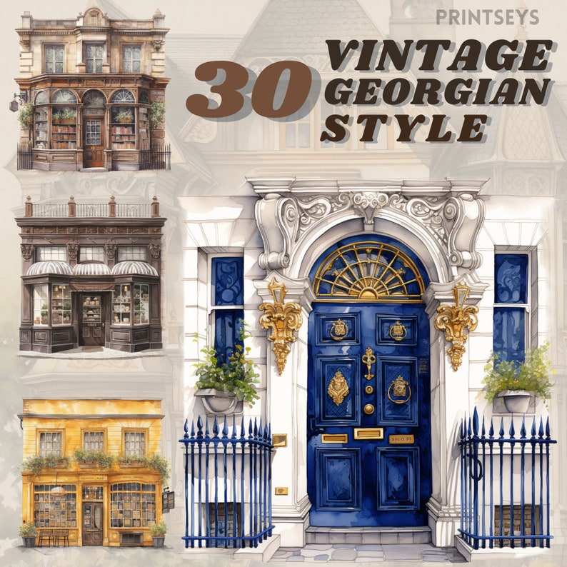 Watercolour Vintage Georgian London houses clipart bundle, retro building png,bookstore png, bakery , transparent, digital sticker image 1