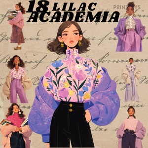 Elegante paquete de imágenes prediseñadas de traje de moda Lilac Academia, png estético ligero, místico, primavera, transparente, descarga instantánea, moda vintage