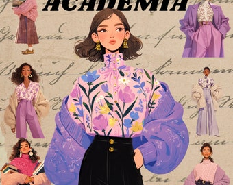 Stylish Lilac Academia fashion outfit clipart bundle, light aesthetic png, mystical, spring, transparent , instant download, vintage fashion
