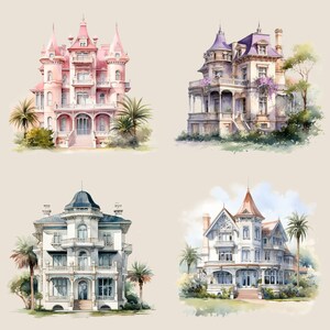 May include: Four watercolor paintings of Victorian-style houses with intricate details, surrounded by lush greenery and palm trees.