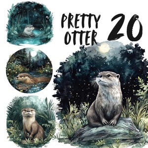 Könnte beinhalten: Eine Aquarell-Illustration von drei Ottern in einer Waldlandschaft. Die Otter sind in verschiedenen Posen dargestellt, einer schwimmt in einem Teich, einer sitzt auf einem Felsen und einer steht auf einem Baumstamm. Der Hintergrund zeigt einen dunkelblauen Himmel mit Sternen und einem Vollmond. Der Text "Pretty Otter 20" steht in der oberen rechten Ecke des Bildes.