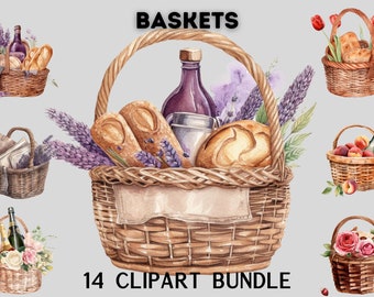 Watercolour Rustic Basket clipart bundle, Cottage decor, Cottagecore, vintage decor, rustic decor, scrapbooking