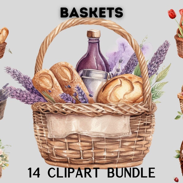 Watercolour Rustic Basket clipart bundle, Cottage decor, Cottagecore, vintage decor, rustic decor, scrapbooking
