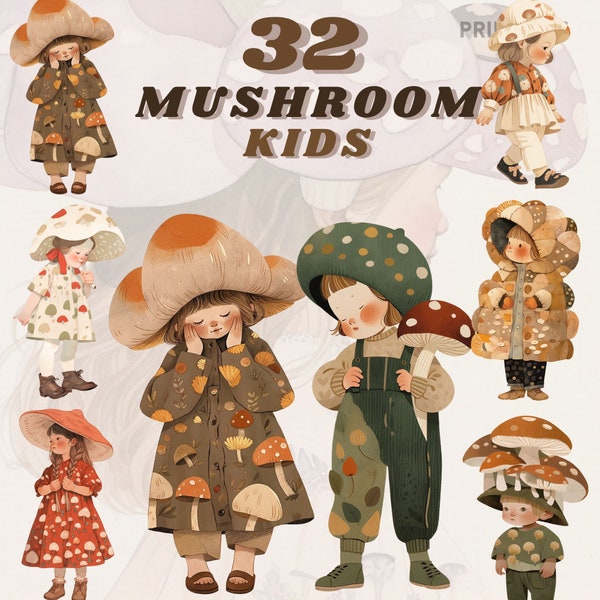 mushroomcore vintage kids clipart bundle, autumn vibes png, mushroom hats, cottagecore, vintage aesthetic, instant download, transparent