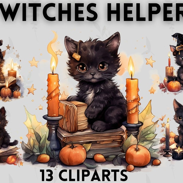 Cute Witches helper kittens clipart bundle, mystical cats, cat clipart, witchcraft clipart, black cat clipart, wiccan clipart, occult