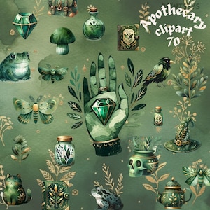 Pacote de adesivos digitais de itens de boticário de ervas vintage, pacote de clipart wicca de ervas, png mágico, cores envelhecidas, scrapbooking, registro no diário
