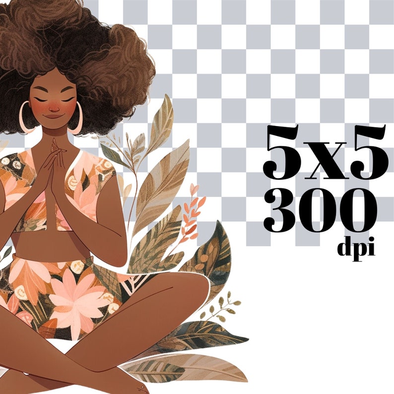 May include: A woman with dark brown hair sits cross-legged in a floral print outfit. She is meditating with her hands in a prayer position. The background is a blurred image of green leaves and flowers.
