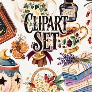 Puede incluir: Un conjunto de ilustraciones digitales que incluye un libro titulado HEARTH LIGHT, una tetera, una taza con bayas, una botella de té, ajo, rodajas de naranja, canela, un tarro con estrellas, una cesta de flores y una pila de toallas dobladas.