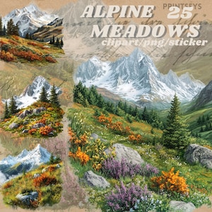 Lot de cliparts aquarelle prairies alpines d'automne, clipart confortable montagnes d'automne, autocollant de collines d'automne, lecture, livres, autocollant de paysage png thumbnail